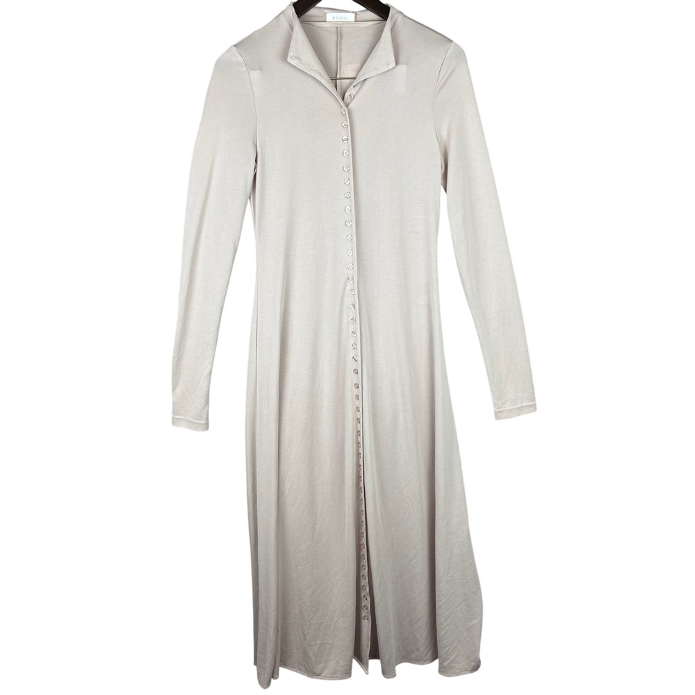 NWT Meshki Anders Dress Women S Taupe Button Front Midi Quiet Luxury Minimalist - Picture 2 of 11